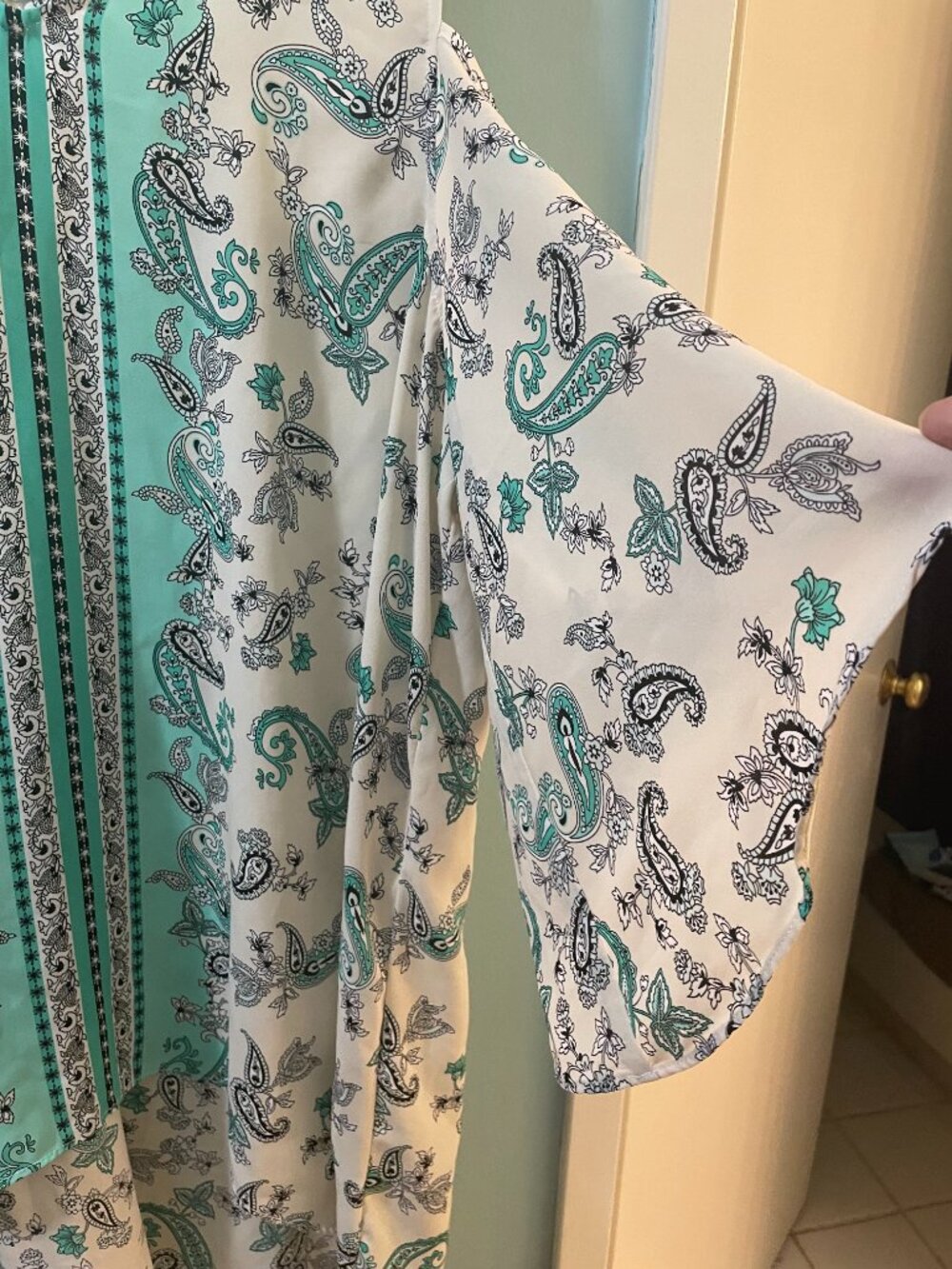Chiffon Cream And Mint Paisley Cold Shoulder Top, 2x - Picture 2 of 3